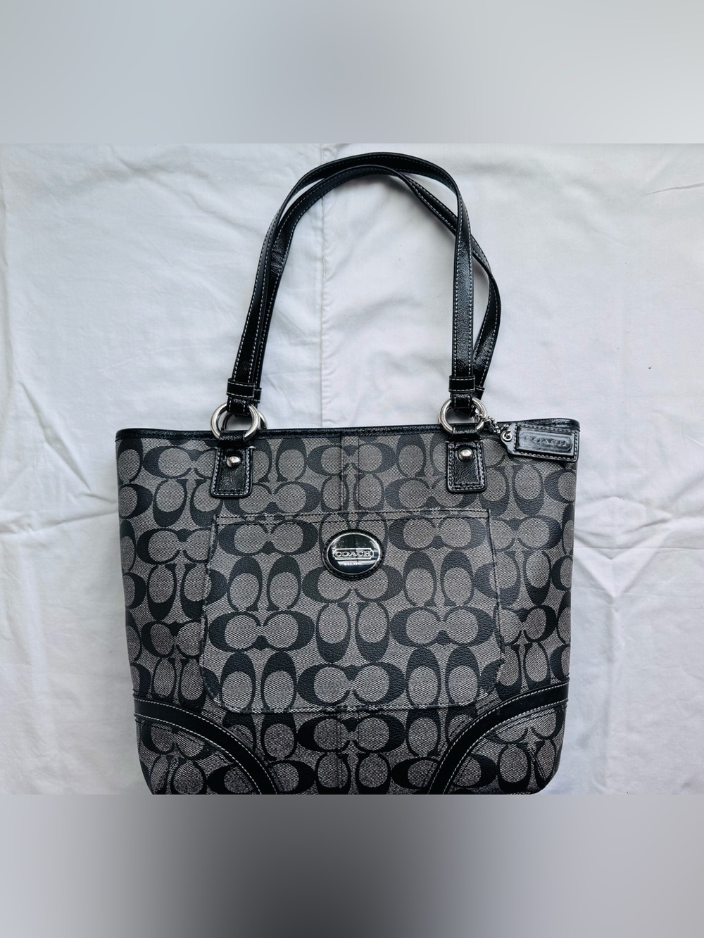 Coach Gray and Black Signature Canvas Tote